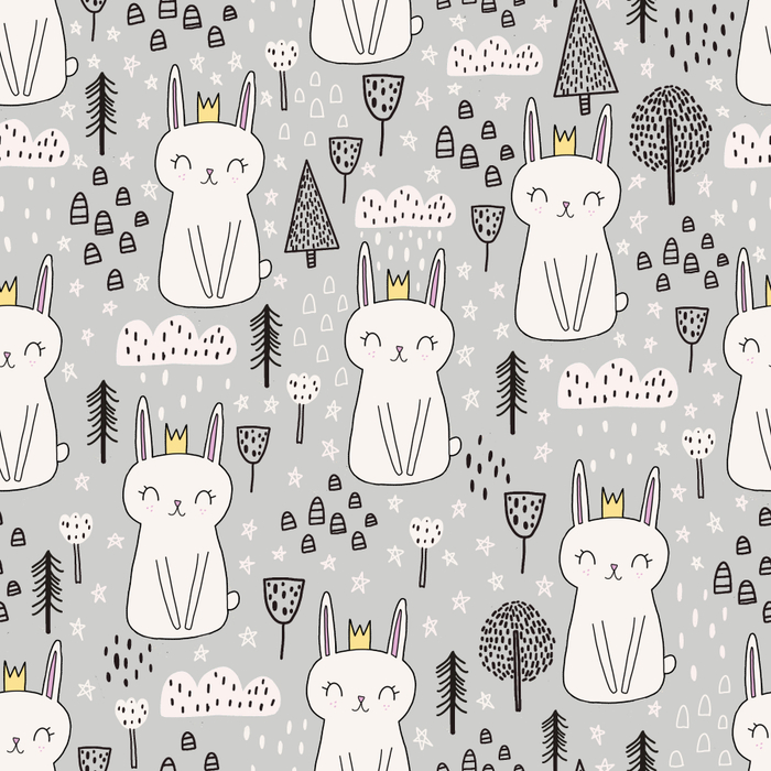 Бесшовный паттерн с кроликами, зайчиками, ёлочками, облаками