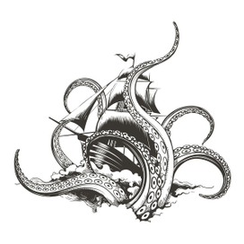 Giant octopus catches sail ship. Kraken attack hand drawn engraving illustration