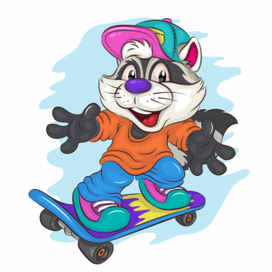 Cute Cartoon Raccoon on a skateboard.