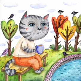 Пухлый кот у водоема