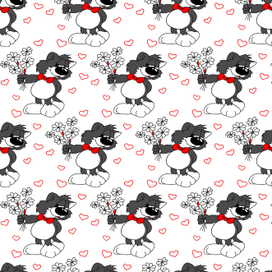 Милый серый котенок с букетом цветов