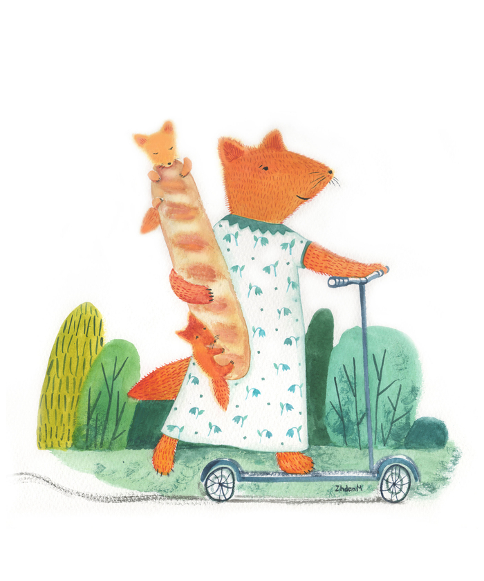 Лиса и багет с лисятами. Акварель.