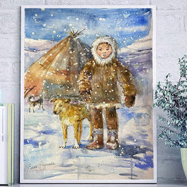 Север. Чукча с собаками.