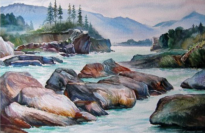 Река Катунь.Каменистая гряда.Акварель.