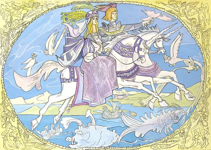 Волшебный полёт.Лист из серии"Сказки эльфов".Авторский проект.Оригинал сделан на формате А-2.Бумага гуашь кисть.Художник:Марат Брызгалов.