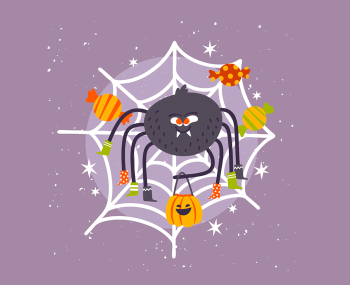 Illustration for Halloween. Spider with candy. Vector illustration for Freepik