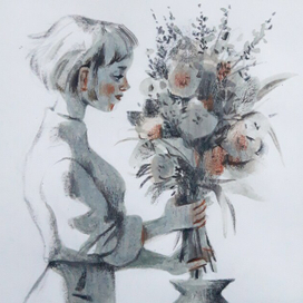 Девушка с цветами. Серый