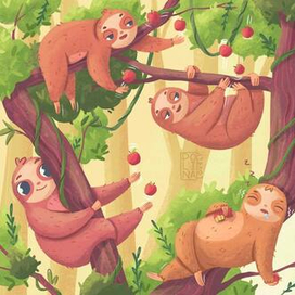 Четыре ленивца. Детская иллюстрация. Детская книга