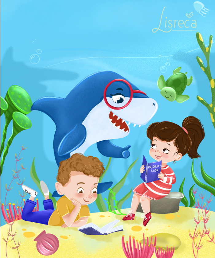 Акула учитель и малыши в подводной школе