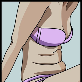 Бодипозитив. Женское тело в сиреневом купальнике.