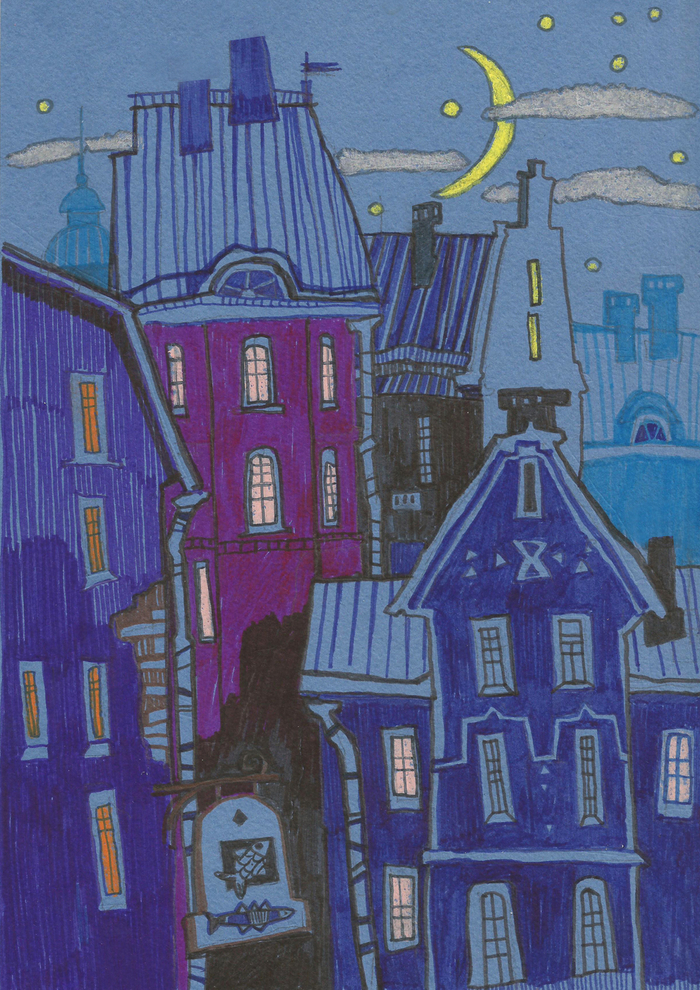 Городской  ночной пейзаж - композиция фломастерами и мелками.