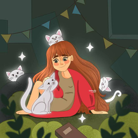 Иллюстрация девочка с котиками / Нарисуй в своём стиле