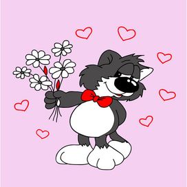 Милый серый кот с букетом цветов