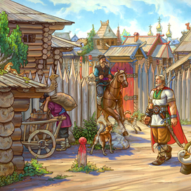 Иллюстрация к былине "Добрыня Никитич". Прогулка Добрыни по городу.