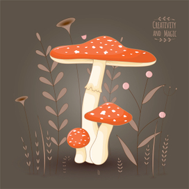 Гриб поганка на цветочном фоне