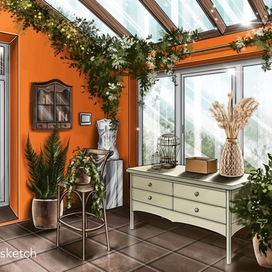 Интерьерный скетч веранды в кафе