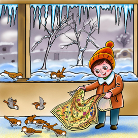 Girl feeds the birds