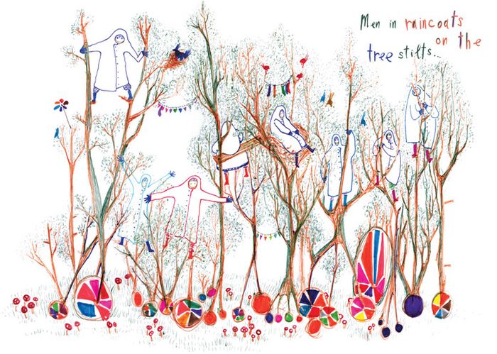 Человечки на деревьях-ходульках на колесиках