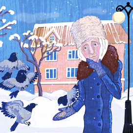 Старушка в парке кормит голубей