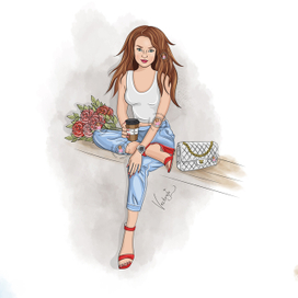 Девушка с кофе , сумочкой и цветами сидит на лавочке