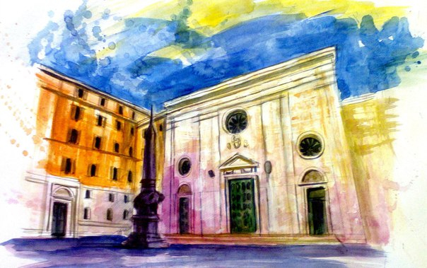 Проект Аудиогид "Римская архитектура". 10. Церковь Санта-Мария-Сопра-Минерва. бумага, карандаш, акварель. 2016 г.