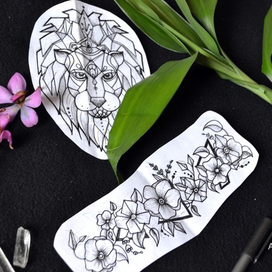 Эскиз тату. Лев с цветами.