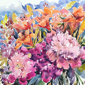 Букет с пионами и люпинами