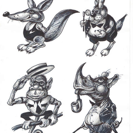 WHO IS WHO IN THE ZOO . Лиса - хитрый товарищ . Кролик - любознательный ботаник . Обезьяна - стиляга . Носорог - добрый джентльмен .