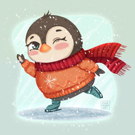 Пингвиненок катается на коньках 