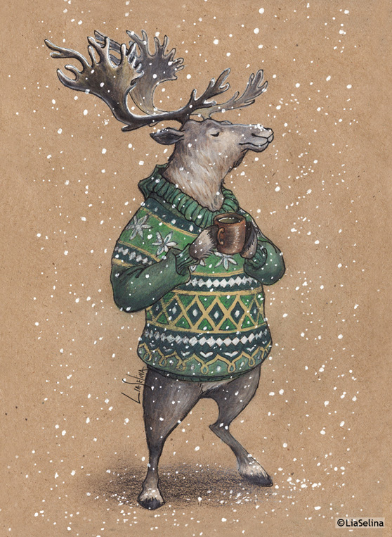 Олень в свитере и с кружкой