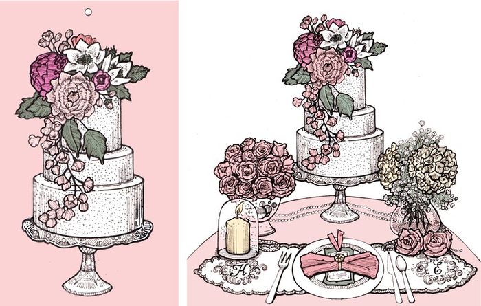 Рисунок для свадебного меню и подарочных карточек.