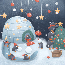 Иллюстрация Семья пингвинов и Новый год