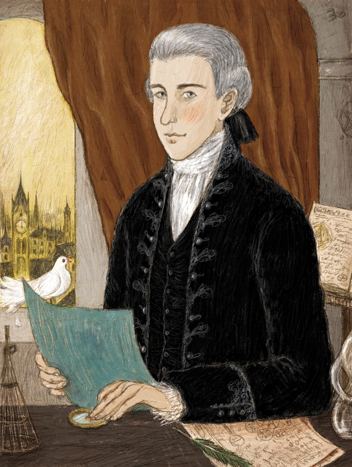 портрет мужика с бумажками и голубем