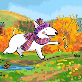 Золотая осень, бультерьер на прогулке