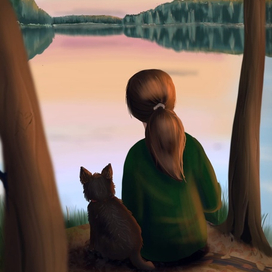 Девушка с собакой на озере