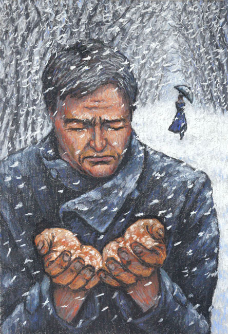 На ладонях снег