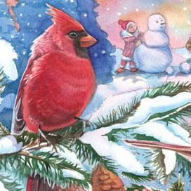 Фрагмент иллюстрации для упаковки. Новогодний пейзаж с птичками