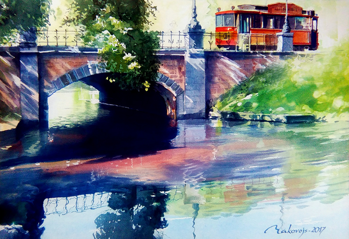 ,,Ретро-трамвай на гор.канале Риги,,