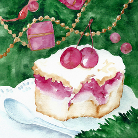 Кусочек торта на Рождество акварелью 