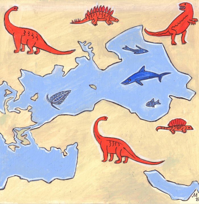 Иллюстрация для детского журнала "А почему?".Рубрика"Со всего света".  Тема:Древнее гигантское озеро Паратетис. Техника:Бумага, акрил,гуашь,тушь.    Художник:Марат Брызгалов.