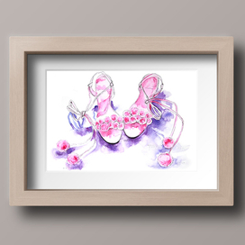 Pink pomepomes summer sandals watercolor illustration