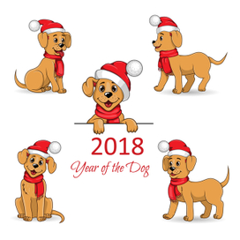 Щенки в новогодних шапках. Векторная иллюстрация.