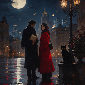 «Полночь в Москве», современная мистическая интерпретация: Мастер с рукописью, Маргарита в алом, Бегемот и ночной город. 