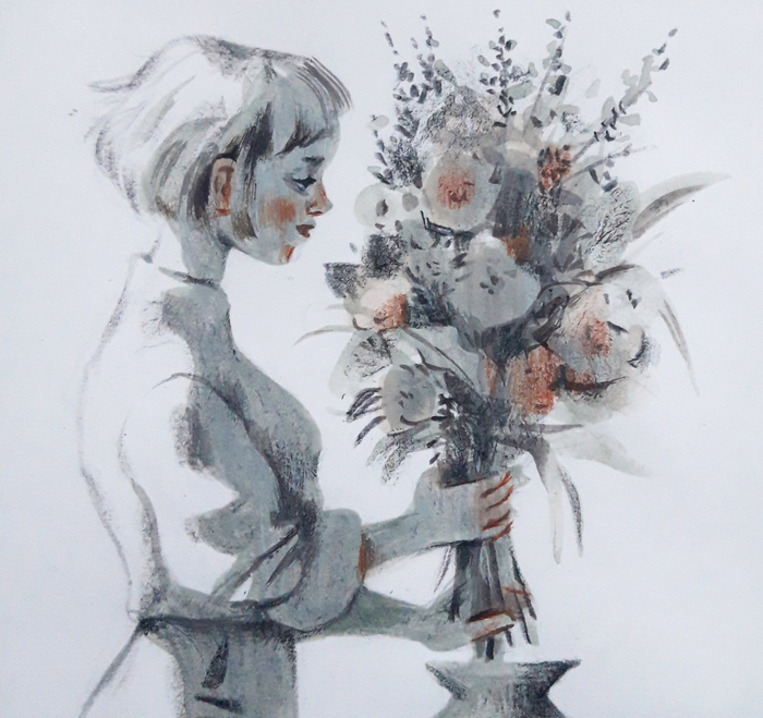Девушка с цветами. Серый