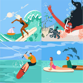 Summer water sports, ocean, sea, vacation mood, vector, hand drawn.