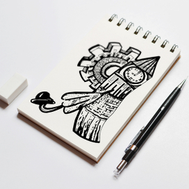 Концептуальная графическая илюстрация в виде буквы Я зонтик,шляпа,шестеренка и английский Биг-Бен  материал черноя гелевая ручка