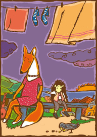 лиса и ёж. он её колет.