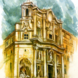 Проект Аудиогид "Римская архитектура". 2. Церковь Сан Карло алле Куаттро Фонтане. бумага, карандаш, акварель. 2016 г.