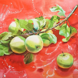 "Ветка яблони на красном"