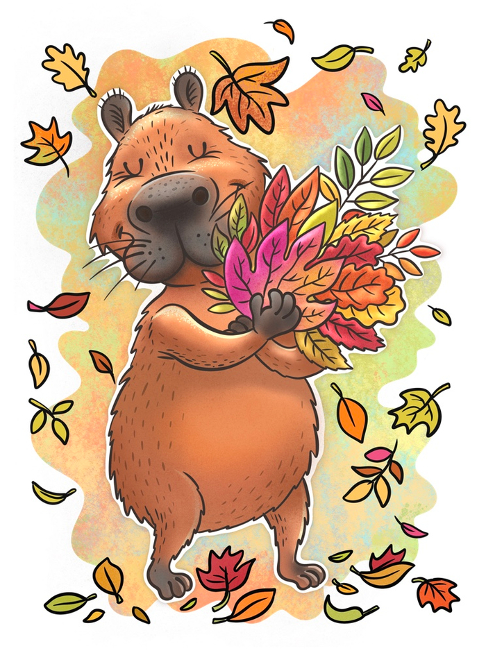 Капибара собирает листья